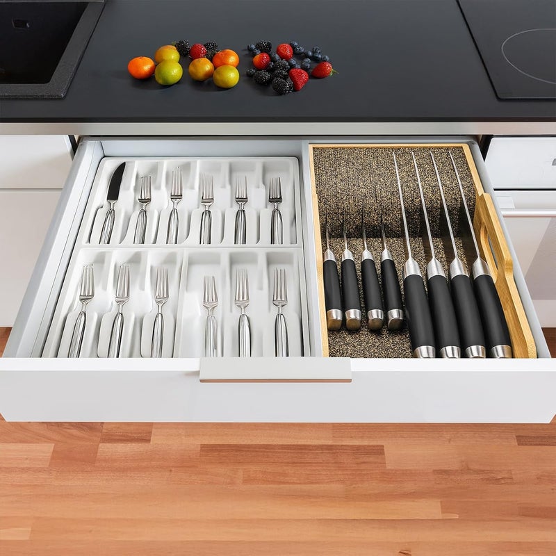 Mospten Bamboo Knife Drawer Organizer Insert - Kitchen In-Drawer Knife Block Holder, Flexible Dividers for Knives Organization - Image 5